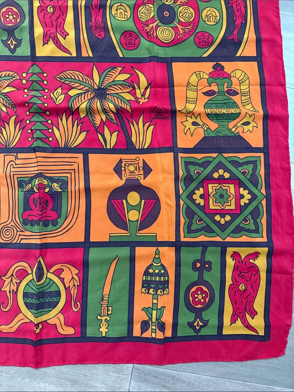 Vintage Doncaster 100% Silk Scarf – Vibrant Red Multi-Color Ethnic/Tribal Print